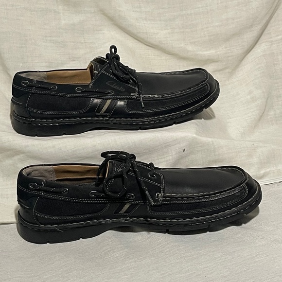 Clarks Waterloo Men 12 Leather Boat Shoe Black Lace Up Comfort Slip On Loafer - Picture 1 of 9